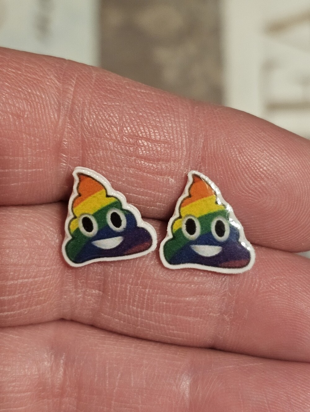 Silver Tone Colorful Poop Emoji Earring Studs